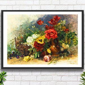 Anna Peters, "Natura morta floreale", artista tedesca, fiori rossi, gialli e bianchi, stampa giclée o stampa giclée incorniciata. Ideale come regalo di inaugurazione della casa.