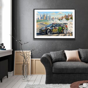 Ken Block Hoonigan Ford Fiesta ST RX43: Gymkhana 8 Dubai Impressionist Impasto Motorsport Print in a black frame hanging in a living room