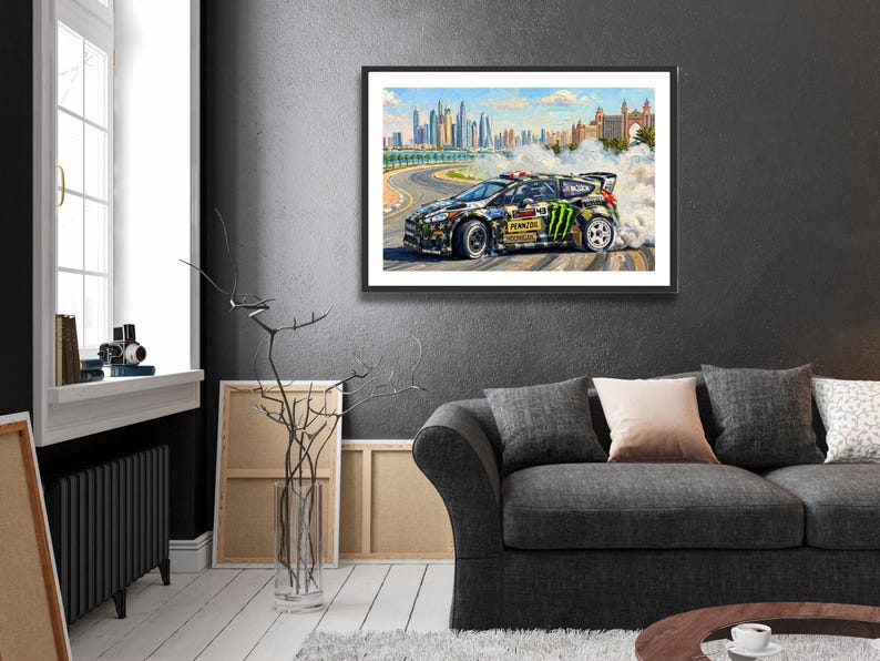 Ken Block Hoonigan Ford Fiesta ST RX43: Gymkhana 8 Dubai Impressionist Impasto Motorsport Print in a black frame hanging in a living room