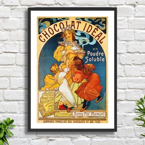 Tschechische Künstler Alphonse Mucha 'Chocolat Idéal' Vintage Schokolade Werbeplakat Giclée-Druck oder gerahmter Druck. Ein ideales Einweihungsgeschenk.