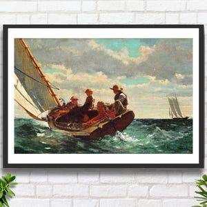 Winslow Homer 'Breezing Up (A Fair Wind)' scena di paesaggio costiero marino, opera d'arte figurativa, stampa giclée o stampa giclée incorniciata. regalo di compleanno ideale