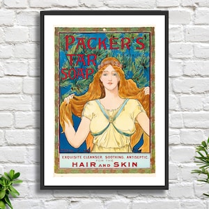 Póster publicitario vintage de jabón estadounidense «Packer's Tar Soap» de Louis Rhead, decoración de pared azul, impresión giclée o impresión enmarcada. Ideal como regalo.