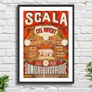 Cartel publicitario francés antiguo de Charles Lévy & Scala 'Ciel ouvert. Salle éclairée à la lumière électrique' impresión giclée o impresión enmarcada