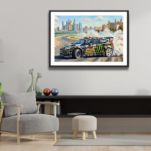 Ken Block Hoonigan Ford Fiesta ST RX43: Gymkhana 8 Dubai Impressionist Impasto Motorsport Print in a black frame hanging in a living room