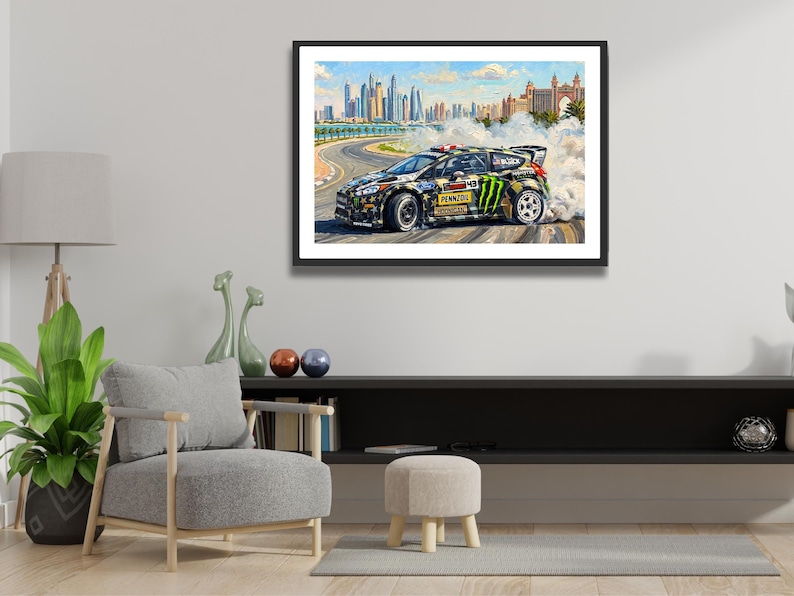 Ken Block Hoonigan Ford Fiesta ST RX43: Gymkhana 8 Dubai Impressionist Impasto Motorsport Print in a black frame hanging in a living room
