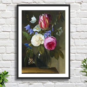 Jan Philips van Thielen "Rose e un tulipano in un vaso di vetro" dell'artista fiammingo, natura morta con fiori, stampa giclée/stampa incorniciata. Regalo ideale.