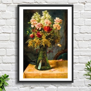 Hans Zatka Stillleben „Blumenstrauß mit Tulpen und Nelken in einer Vase“ Kunstdruck oder gerahmter Druck. Ideales Geschenk.