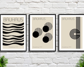 3er Set Bauhaus Drucke: Schwarz und Grau Abstrakt Modern Mid-Century Minimalistisch Dekor