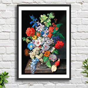 Sebastian Wegmayr 'Un grande mazzo di fiori', artista viennese (austriaco), stampa giclée o stampa incorniciata di una natura morta floreale dai colori vivaci.