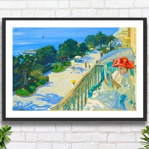 Sir John Lavery "La terrazza, Cap d'Ail" Artista inglese, paesaggio nautico con mare blu, decorazione da parete blu, stampa giclée o stampa incorniciata. Regalo ideale.