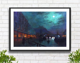 Impresión giclée del puerto de Whitby: Arte costero a la luz de la luna de Walter Linsley Meegan