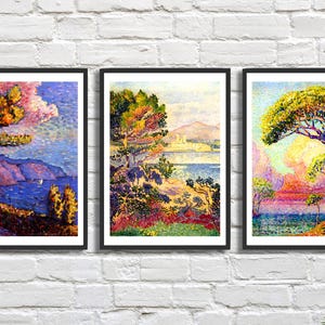 Set di 3 stampe Henri Edmond Cross-Canal di St Tropez, Un pino, Antibes Morning. Stampe di paesaggi costieri disponibili con o senza cornice.