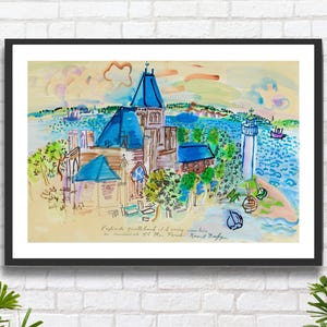 Raoul Dufy 'L'Église de Quillebeuf' (La Chiesa di Quillebeuf) Stampa artistica da parete blu con paesaggio fluviale francese o stampa giclée incorniciata.