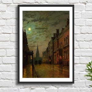 May include: A painting of a street scene at night with buildings on either side of the street. The buildings are lit by streetlights and there is a moon in the sky. The street is wet and there are people walking on the sidewalk.