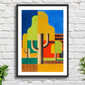 Heinrich Hoerle 'Bäume' (Bäume) 1931 abstrakt leuchtend bunt blau gelb Kunstdruck oder gerahmter Druck.