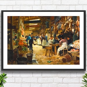 Victor Gabriel Gilbert 'Il mercato parigino' (Lle Marche Parisien) Artista francese, stampa giclée o stampa incorniciata, raffigurante una scena di mercato.