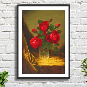 Martin Johnson Heade 'Jacqueminot Roses' natura morta con fiori rossi, artista americano, decorazione murale in oro rosso, stampa giclée o stampa incorniciata.