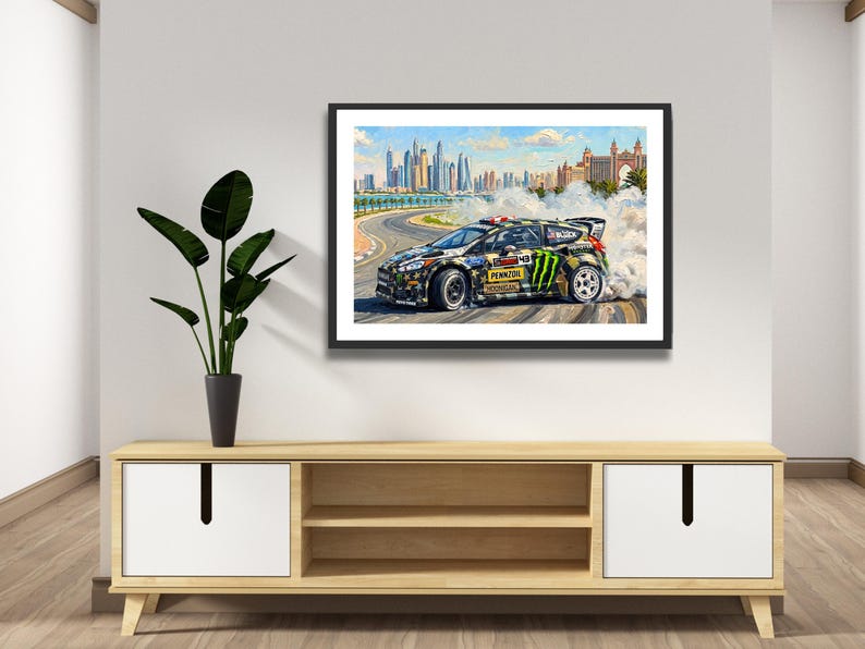 Ken Block Hoonigan Ford Fiesta ST RX43: Gymkhana 8 Dubai Impressionist Impasto Motorsport Print in a black frame hanging in a living room