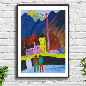 May include: A framed art print featuring an expressionist landscape painting. The artwork depicts a colorful scene with mountains, buildings, and figures. The color palette includes blues, yellows, reds, and pinks, creating a vibrant and dynamic composition.