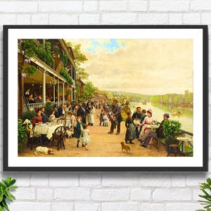 May include: A vintage painting depicting a lively outdoor scene with people gathered around tables on a patio. The scene is set in front of a building with a large awning and a river in the background. There are trees and greenery throughout the scene, and the people are dressed in period clothing. The painting is done in a realistic style with warm colours.