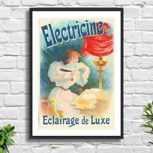 Lucien Baylac 'Electricine. Eclairage de luxe' (Iluminación de lujo) 1895 Cartel publicitario francés vintage, impresión giclée o impresión giclée enmarcada