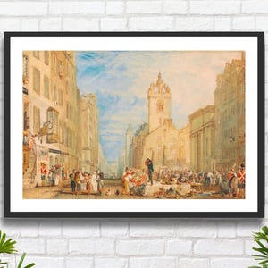 Joseph Mallord William Turner, "High Street Edinburgh", artista romantico inglese, stampa giclée o stampa incorniciata raffigurante un paesaggio urbano scozzese. Ideale come regalo.