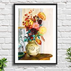 Henri Lebasque, "Vase of Chrysanthemums" (Vase de Chrysantèmes), artista francese, natura morta con fiori, stampa giclée floreale/stampa incorniciata. Regalo ideale.