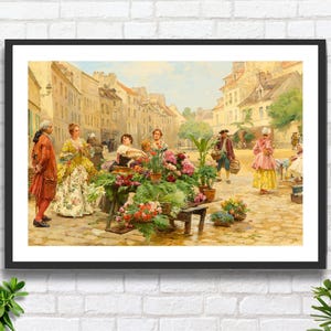 Louis Marie De Schryver 'Un mercado en el siglo XVIII' Artista francés vendedor de flores, arte figurativo callejero de París, impresión giclée o impresión enmarcada.