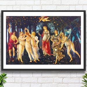 Sandro Botticelli 'Primavera' c1480 Artista italiano del primo Rinascimento Decorazione murale nera mitologia stampa giclée o stampa giclée incorniciata. Regalo ideale