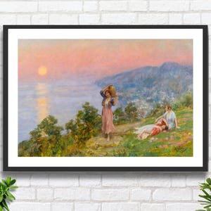 Vincenzo Migliaro 'Sunset in Spring' figurativer italienischer neopolitanischer Künstler roter Sonnenuntergang an der Küstenlandschaftskunst Kunstdruck oder gerahmter Druck