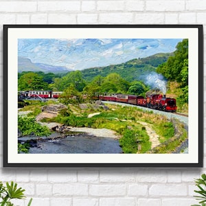 May include: Oil painting of a red steam train travelling through a green landscape with a river. The train has passenger carriages and emits white smoke. The artwork is framed.