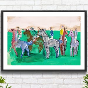 Raoul Dufy "Fantini e cavalli prima della partenza" decorazione da parete verde, artista impressionista francese, scena di corsa di cavalli, stampa giclée o stampa incorniciata