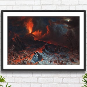 May include: A painting depicting a volcanic eruption at night. The fiery red lava flows from the volcano, creating a dramatic contrast against the dark sky and clouds. The scene is illuminated by the moon and stars.