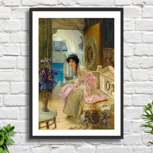 Lawrence Alma-Tadema &#39;Watching and Waiting&#39; Dutch classical subject artist figurative art beige wall decor giclee print or framed print.