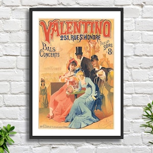 Poster d'epoca dell'opera francese Emile Lévy 'Valentino 251, rue St-Honoré. Bals ou concerts tous les soirs à 8 h' stampa giclée o stampa incorniciata.