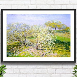 Claude Monet "Meli in fiore", paesaggio rurale impressionista, decorazione da parete verde, stampa giclée o stampa incorniciata. Regalo ideale.