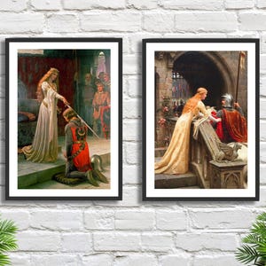 Set di 2 stampe di Edmund Blair Leighton, 'The Accolade' e 'God Speed', stampe giclée o stampe incorniciate raffiguranti la mitologia romantica dell'artista inglese.