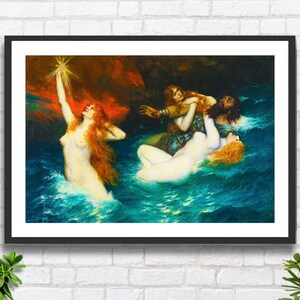 Ferdinand Leeke "Le Figlie del Reno" 1913, artista tedesco, mitologia romantica, decorazione da parete turchese, stampa giclée o stampa incorniciata. Regalo ideale.