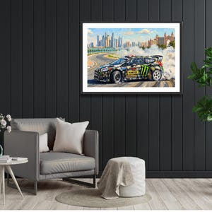 Ken Block Hoonigan Ford Fiesta ST RX43: Gymkhana 8 Dubai Impressionist Impasto Motorsport Print in a black frame hanging in a living room