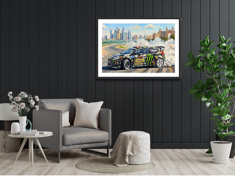 Ken Block Hoonigan Ford Fiesta ST RX43: Gymkhana 8 Dubai Impressionist Impasto Motorsport Print in a black frame hanging in a living room