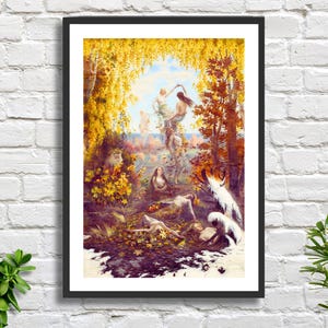Torsten Wasastjerna 'Shedding Leaves' 1897 Artista finlandese scena autunnale mitologia romantica decorazione da parete in oro stampa giclée o stampa incorniciata