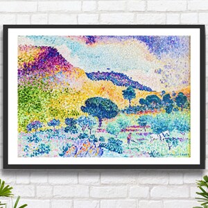 Henri Edmond Cross 'La Chaîne des Maures' (Le catene moresche), stampa giclée o stampa incorniciata, opera d'arte impressionista francese raffigurante un paesaggio verde.