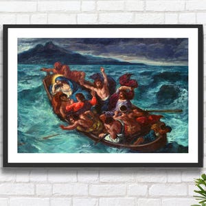Eugène Delacroix 'Cristo addormentato durante la tempesta' 1853 Artista francese Gesù sul mare di Galilea in una tempesta, stampa giclée o stampa incorniciata.