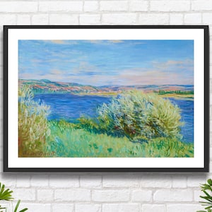 Claude Monet "Le rive della Senna vicino a Vétheuil", paesaggio rurale, decorazione da parete blu, stampa giclée/stampa incorniciata. Regalo ideale.