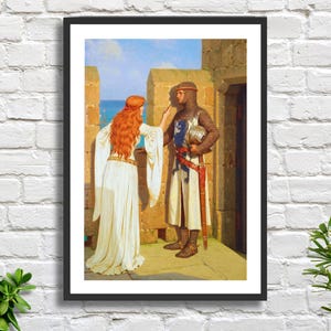 Edmund Blair Leighton "L'ombra" artista inglese, arte figurativa, decorazione murale beige e blu, stampa giclée o stampa incorniciata. Ideale come regalo romantico.