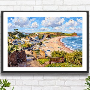 Budleigh Salterton, Devon: Impressionistiskt landskap med kuststad och Jurassic Coast-konsttryck eller kanvas