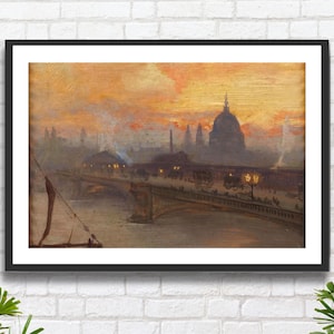 George Hyde Pownall &#39;Blackfriars Bridge early morning&#39; London, River Thames and St. Paul&#39;s dome landscape art giclee print or framed print.