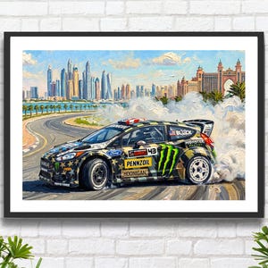 Ken Block Hoonigan Ford Fiesta ST RX43: Gymkhana 8 Dubai Impressionist Impasto Motorsport Print in a black frame hanging on a white brick wall