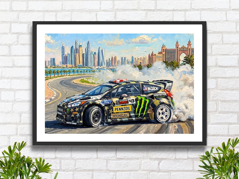 Ken Block Hoonigan Ford Fiesta ST RX43: Gymkhana 8 Dubai Impressionist Impasto Motorsport Print in a black frame hanging on a white brick wall
