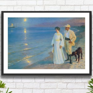 Peder Severin Kroyer 'Sera d'estate sulla spiaggia di Skagen Il pittore e sua moglie' stampa giclée figurativa al chiaro di luna o stampa incorniciata